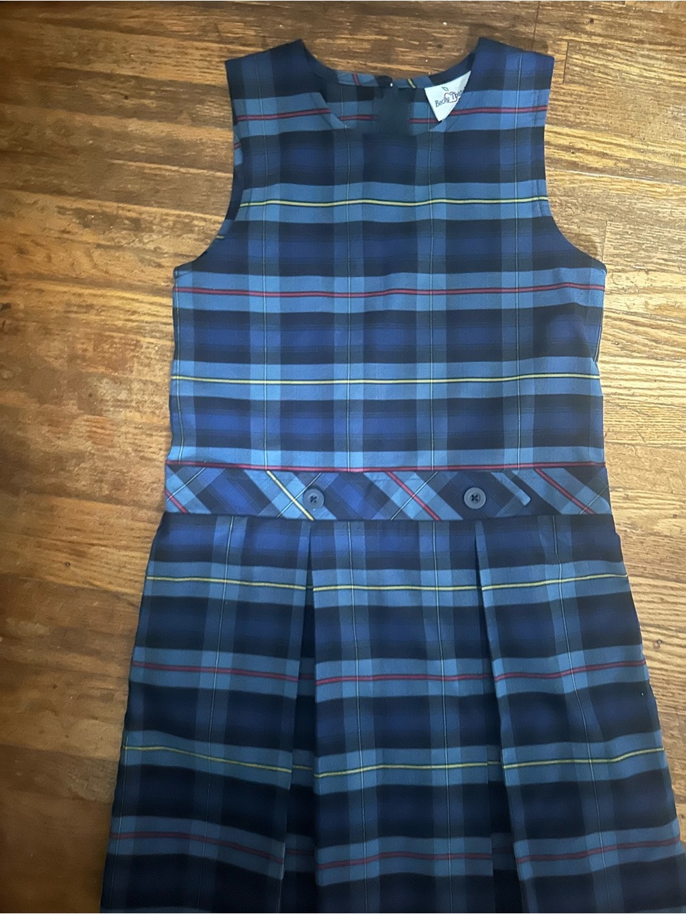 Girls Navy Plaid Sleeveless School Dress with Decorative Waistband